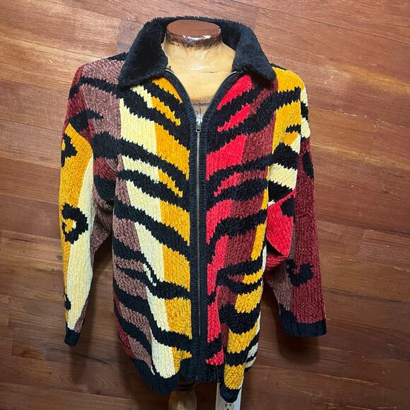VINTAGE Y2K Tiger Stripe Knit Sweater Jacket Size Large Maximalist Striped - Picture 2 of 9
